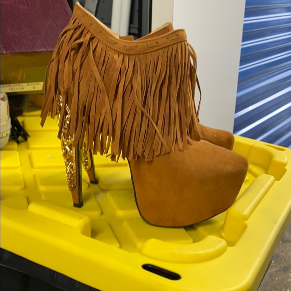 Chestnut fringe heel booties
